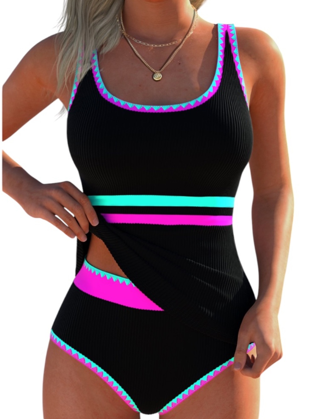 Black neon pink teal embroidered two piece tankini swim suit size medium